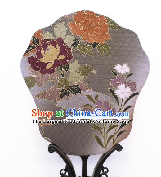 China Classical Cheongsam Dance Fans Hand Painting Peony Palace Fan Traditional Grey Silk Fan