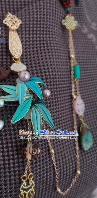 China Traditional Cheongsam Brooch Accessories Handmade Blue Silk Bamboo Leaf Lappet Pendant