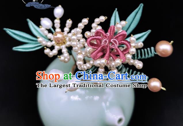 Chinese Traditional Qing Dynasty Pearls Chrysanthemum Hairpin Handmade Ancient Imperial Concubine Hair Stick