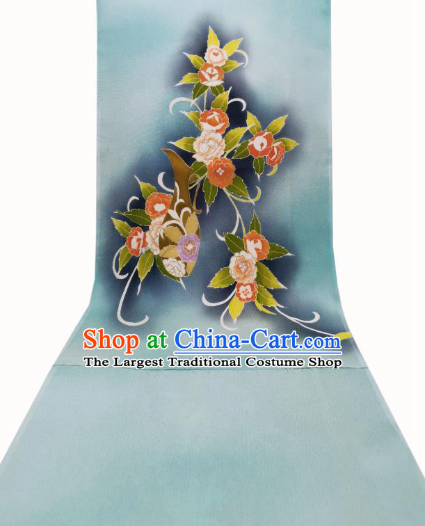 Japan Traditional Silk Fabric Kimono Blue Brocade Material Asian Japanese Yukata Hand Painting Camellia Tapestry