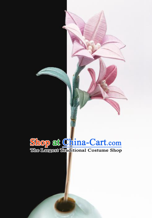 Chinese Traditional Pink Silk Lily Flowers Hair Stick Handmade Hanfu Hair Accessories Ancient Princess Hairpin