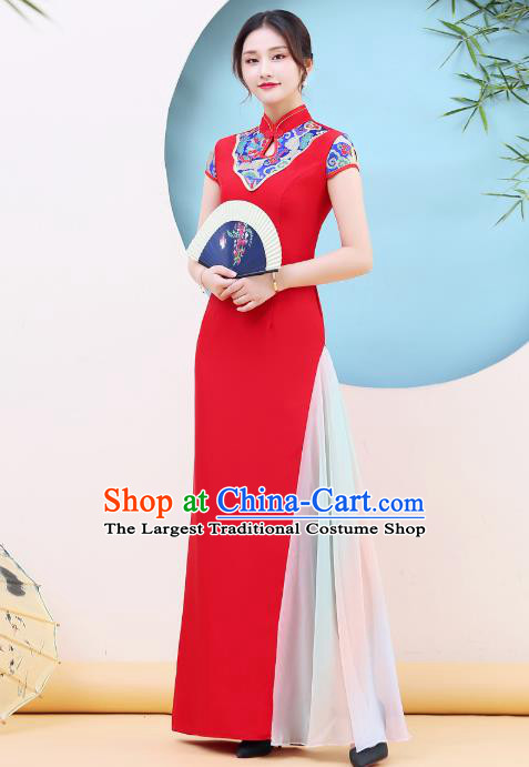 China Classical Dance Clothing Stage Performance Red Cheongsam Catwalks Stand Collar Qipao Dress