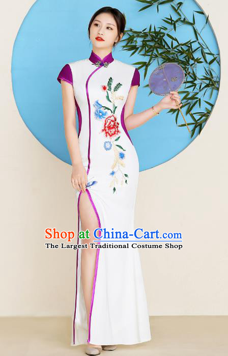 China Young Woman Clothing Stage Performance Embroidery Peony Cheongsam Catwalks Fishtail Qipao Dress