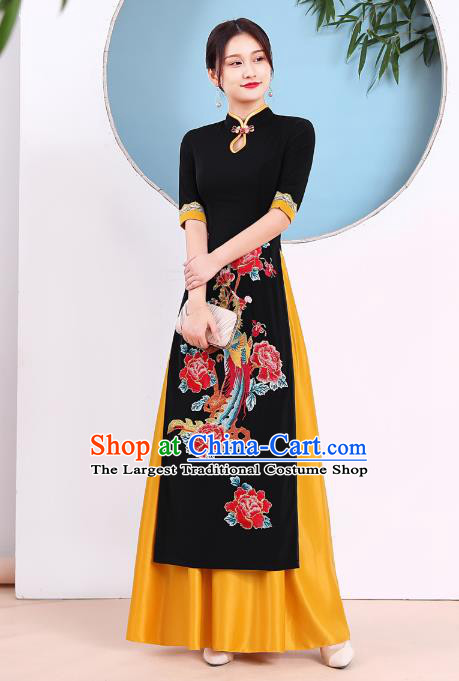 China Catwalks Ao Dai Qipao Dress Modern Dance Clothing Stage Performance Embroidery Phoenix Peony Black Cheongsam