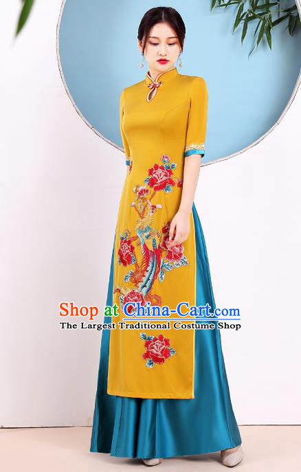 China Modern Dance Clothing Stage Performance Embroidery Phoenix Peony Yellow Cheongsam Catwalks Ao Dai Qipao Dress