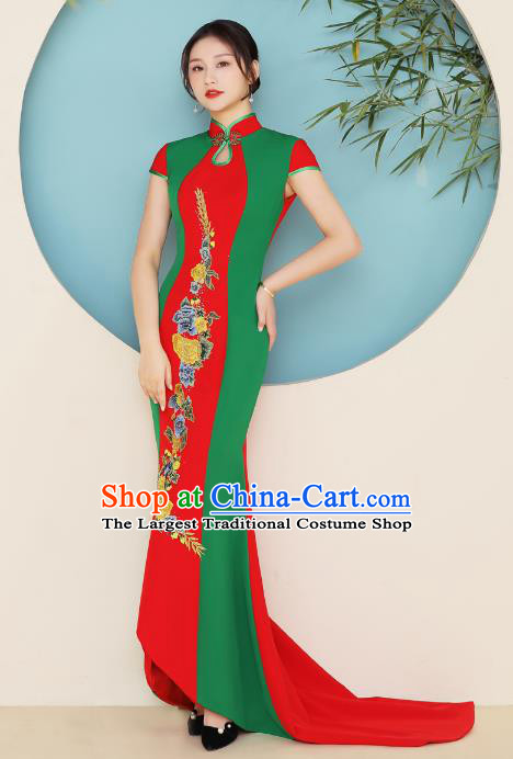 China Catwalks Embroidery Qipao Dress Stage Performance Trailing Cheongsam Woman Wedding Clothing