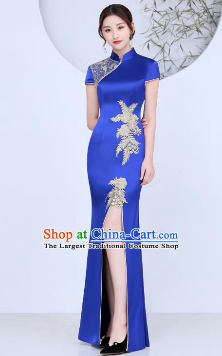 China Catwalks Fishtail Qipao Stage Show Royalblue Satin White Cheongsam Woman Annual Meeting Dress Clothing