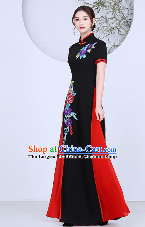 China Stage Performance Clothing Classical Dance Qipao Dress Catwalks Show Embroidery Peony Black Cheongsam