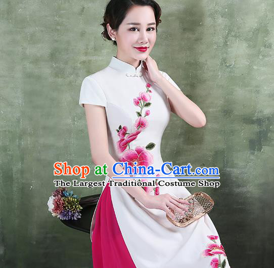 China Classical Dance Embroidery White Satin Qipao Dress Catwalks Show Aodai Cheongsam Stage Performance Clothing