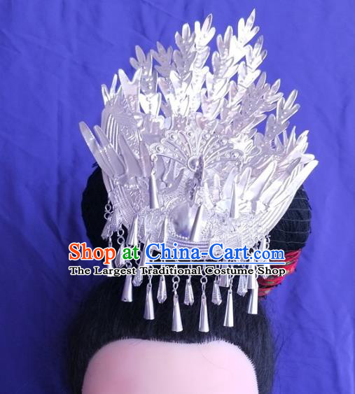 China Hmong Ethnic Silver Phoenix Hair Crown Guizhou Miao Nationality Hairpin Traditional Bride Hair Accessories