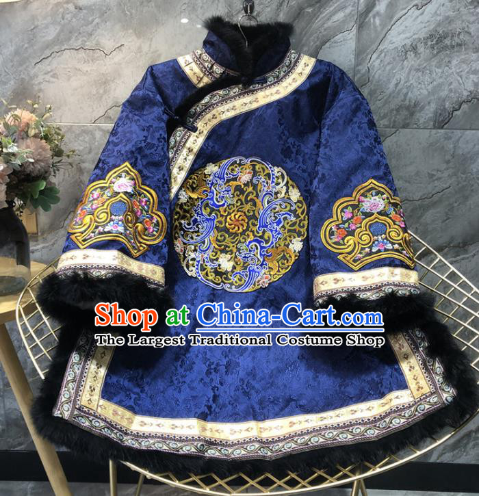 China Woman Winter Outer Garment Tang Suit Coat Traditional Embroidered Royalblue Silk Cotton Padded Jacket