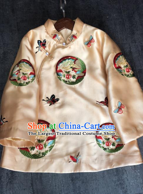 China Traditional Embroidered Phoenix Cotton Padded Jacket Woman Winter Outer Garment Tang Suit Champagne Silk Coat