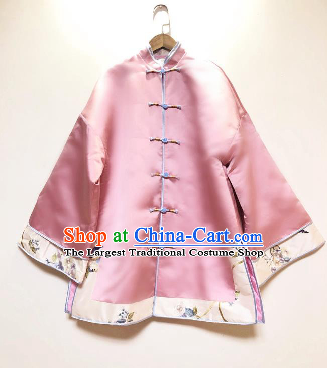 China Traditional Qing Dynasty Upper Outer Garment Tang Suit Shirt Pink Silk Blouse