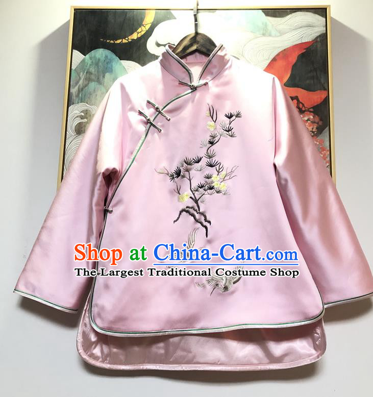 China Traditional Winter Outer Garment Tang Suit Coat Embroidered Pink Silk Cotton Wadded Jacket