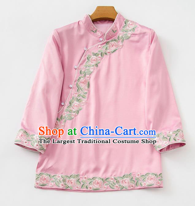 China Tang Suit Upper Outer Garment Blouse Traditional Embroidered Roses Pink Silk Shirt