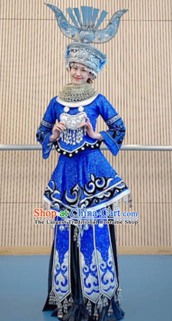 Chinese Miao Nationality Minority Stage Performance Costumes Ethnic Wedding Bride Royalblue Dress Outfits