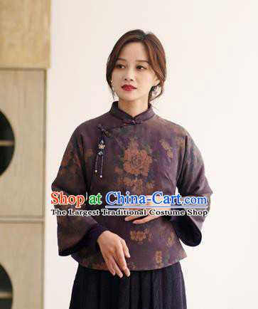 China Winter Women Clothing Tang Suit Short Coat  National Classical Peony Pattern Dark Purple Jacket