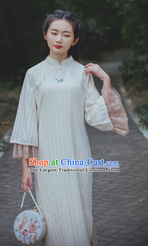 Chinese Traditional Shanghai Young Beauty Cheongsam Clothing National Lace Sleeve Qipao Dress