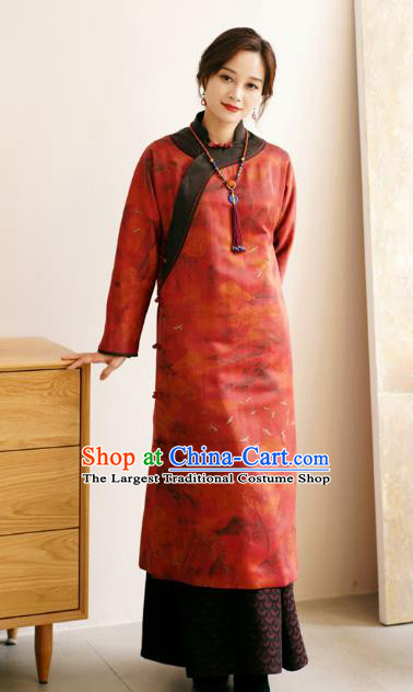 China Female Gambiered Guangdong Gauze Long Cheongsam Red Silk Qipao Dress