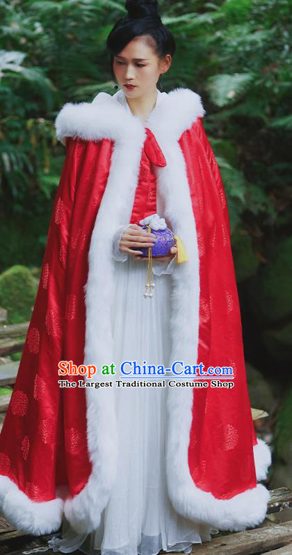 Chinese Traditional Winter Red Satin Long Cape Ancient Princess Cloak Clothing