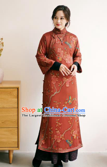 China Long Cheongsam Classical Pear Blossom Pattern Red Silk Qipao Dress