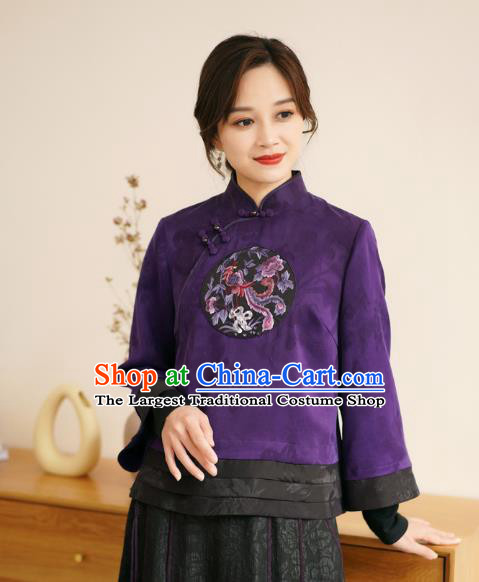 China Women Short Coat Tang Suit Outer Garment National Embroidered Phoenix Purple Silk Jacket