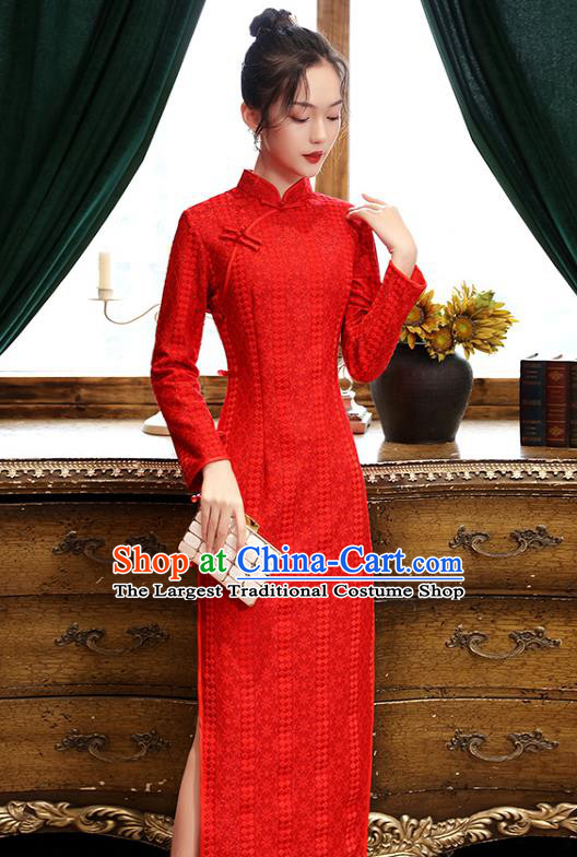 Chinese Bride Red Cheongsam Classical Wedding Qipao Dress Traditional National Toast Costume