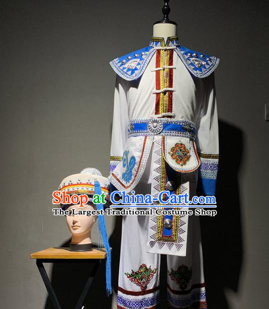 Chinese Bai Nationality Male Dance Costumes Yunnan Ethnic Minority Folk Dance White Outfits Clothing and Hat