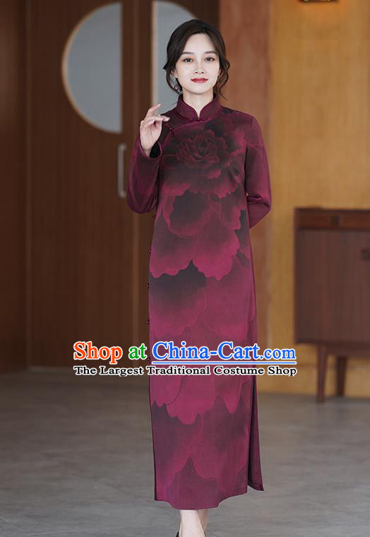 China Classical Peony Pattern Wine Red Silk Cheongsam Costume National Young Women Qipao Dress