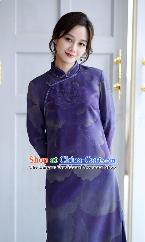 China National Young Women Modern Qipao Dress Classical Peony Pattern Purple Silk Cheongsam Costume