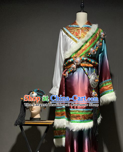 Chinese Zang Nationality Stage Performance Costumes Tibetan Ethnic Minority Male Robe Outfits and Headpiece