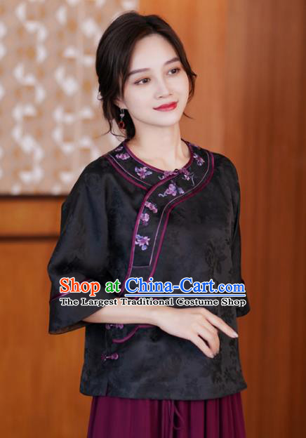 China Classical Embroidered Black Silk Blouse Tang Suit Top Shirt National Women Clothing