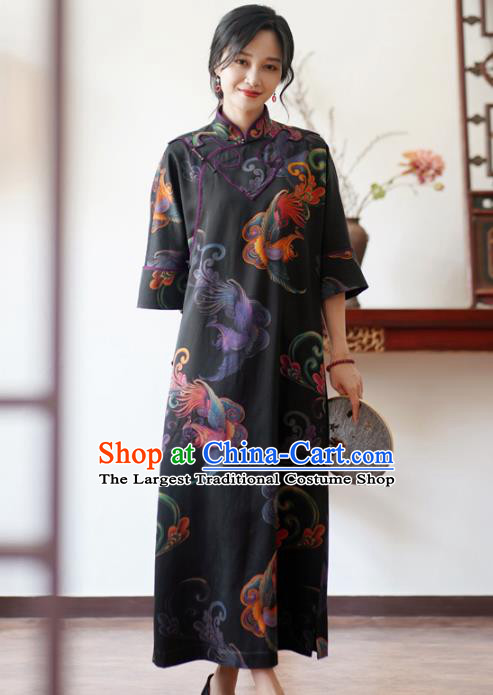 China National Young Women Gambiered Guangdong Gauze Long Qipao Dress Classical Phoenix Pattern Black Silk Cheongsam