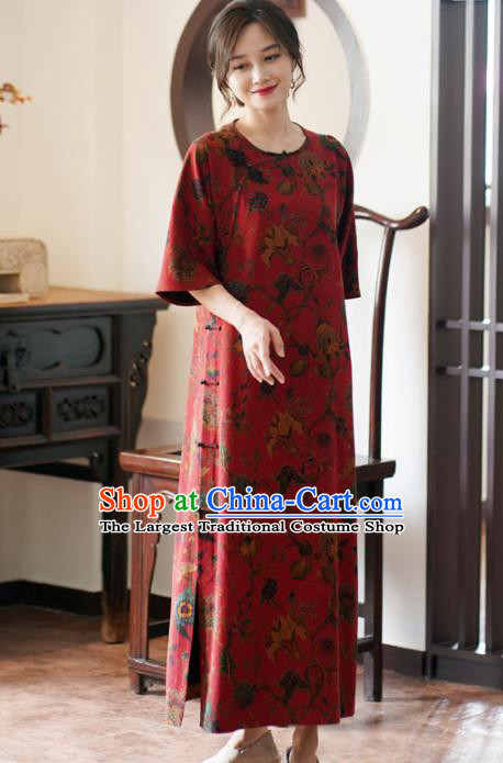 China National Gambiered Guangdong Gauze Long Qipao Classical Red Silk Cheongsam Dress