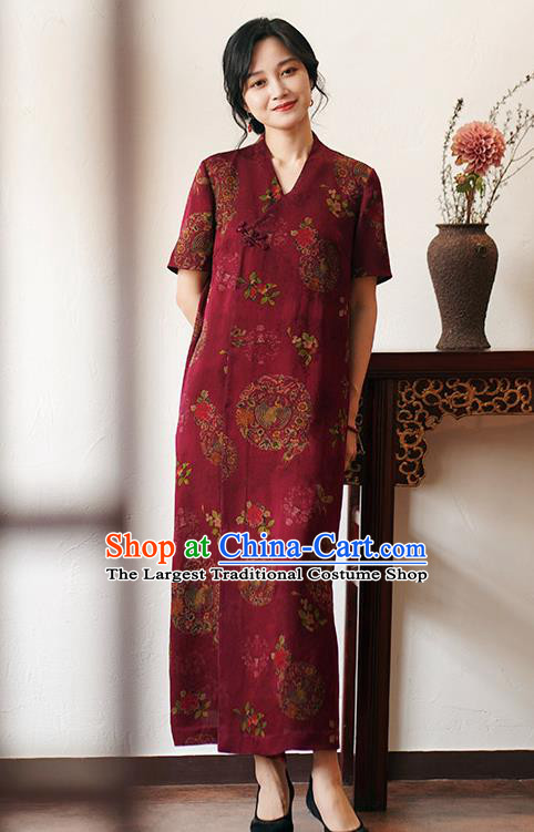 China National Slant Opening Long Qipao Costume Classical Red Silk Cheongsam Dress