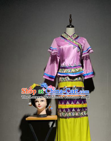 Chinese Wa Nationality Minority Costumes Ethnic Woman Stage Performance Folk Dance Dress and Hat