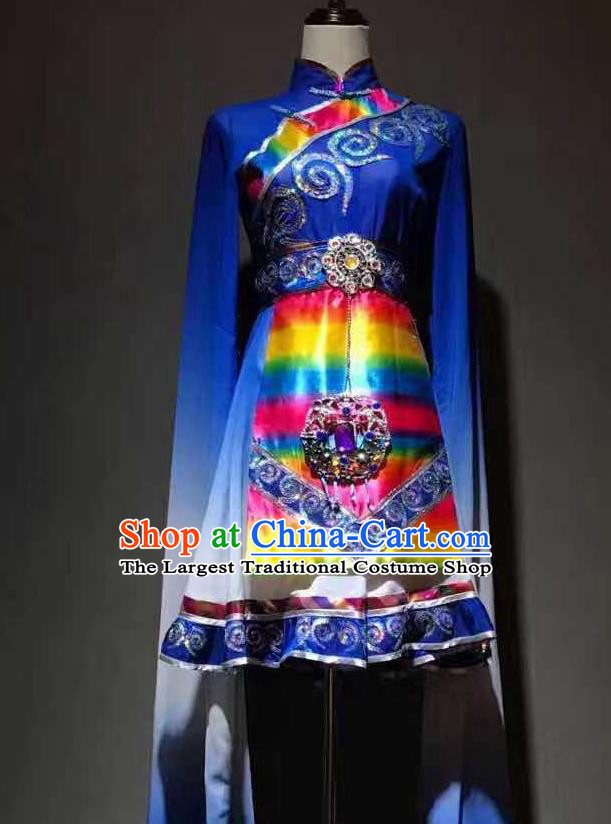 Chinese Zang Nationality Folk Dance Costumes Tibetan Ethnic Minority Stage Performance Royalblue Dress Outfits