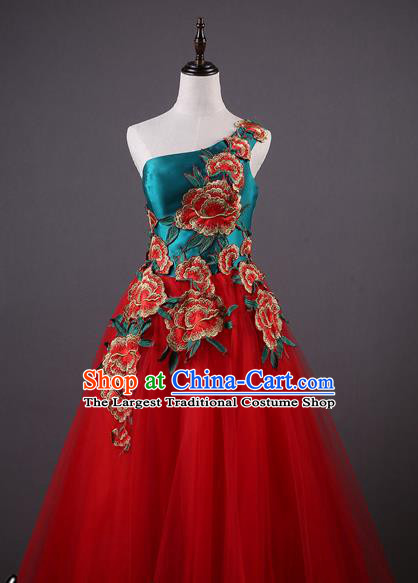 China Style Annual Meeting Compere Costume Embroidered Peony Red Veil Full Dress