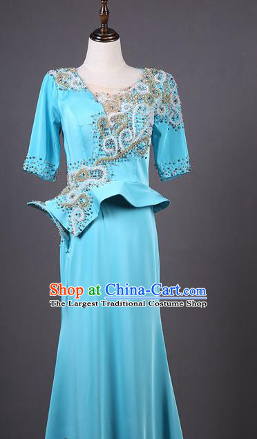 Top Grade Compere Blue Satin Middle Sleeve Full Dress Ballroom Dance Stage Show Costume