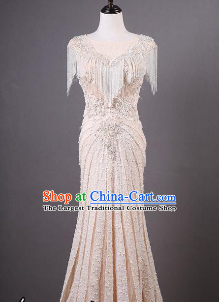 Top Grade Compere Champagne Tassel Full Dress Catwalks Stage Performance Costume