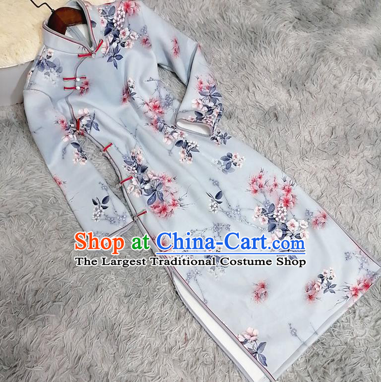 Chinese Traditional Shanghai Light Blue Cheongsam Classical Printing Plum Blossom Qipao Dress