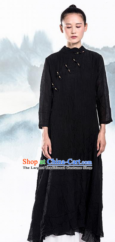 Chinese National Black Tencel Qipao Dress Traditional Zen Clothing Slant Opening Cheongsam