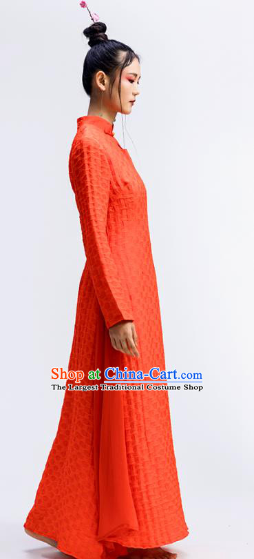 Chinese Traditional Zen Cheongsam Clothing Classical Dance Costume National Red Flax Qipao Dress