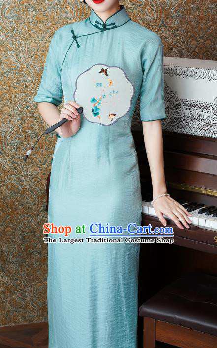 Chinese Classical Blue Tencel Qipao Dress Traditional Old Shanghai Cheongsam National Woman Costume