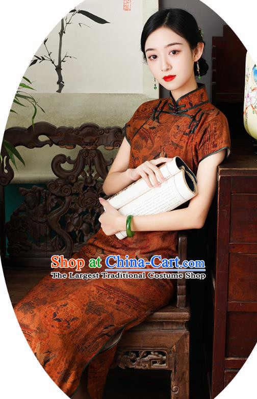 Chinese Traditional Printing Orange Cheongsam National Young Lady Costume Classical Tencel Qipao Dress