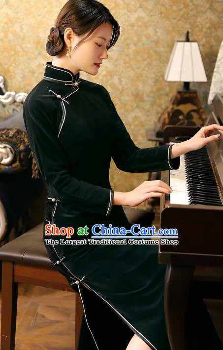 Chinese Traditional Black Velvet Cheongsam Classical Qipao Dress National Shanghai Woman Costume