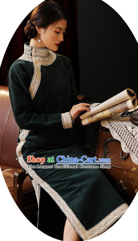 Chinese Classical Stand Collar Qipao Dress National Rich Woman Costume Traditional Dark Green Corduroy Cheongsam