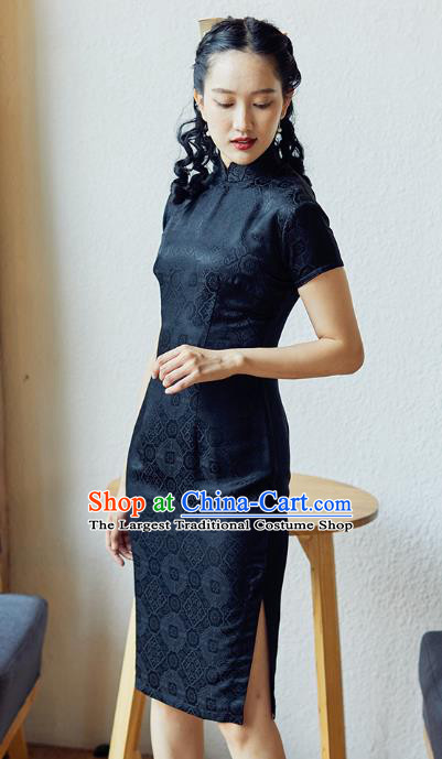 Republic of China Stand Collar Cheongsam Costume Traditional Stage Performance Black Silk Short Qipao Dress