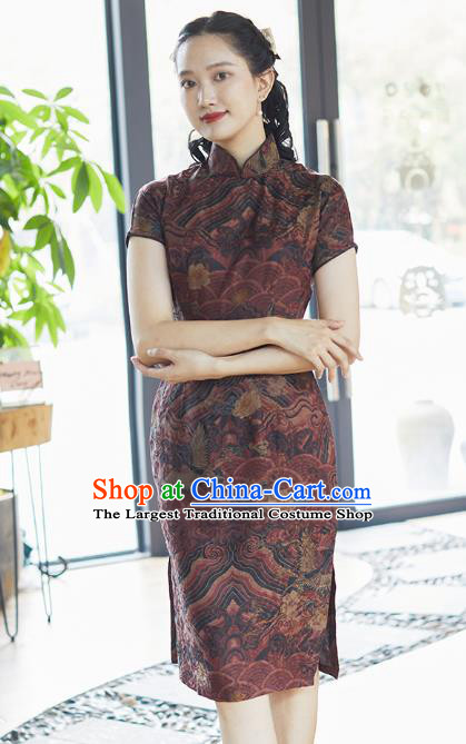 Republic of China Traditional Stage Performance Brown Silk Qipao Dress Classical Waves Pattern Short Cheongsam Costume