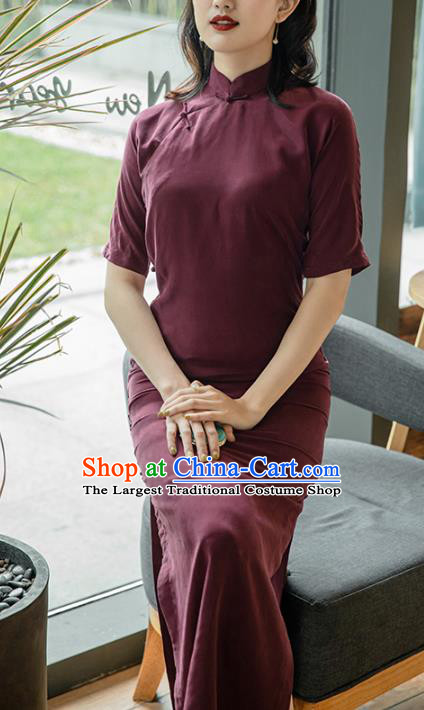 Republic of China Stand Collar Cheongsam Costume Traditional Wine Red Qipao Dress